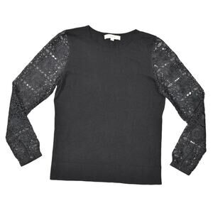 Loft Black Crew Neck Pullover Sweater Cotton Blend Size S Long Sleeve Floral